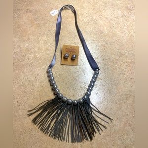 PLUNDER DESIGN STEEL SILVER & LEATHER NECKLACE/EARRING SET